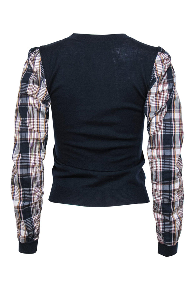 Current Boutique-Veronica Beard - Navy Puff Sleeve "Adler Mixed Media" Wool Sweater w/ Plaid Trim Sz XS