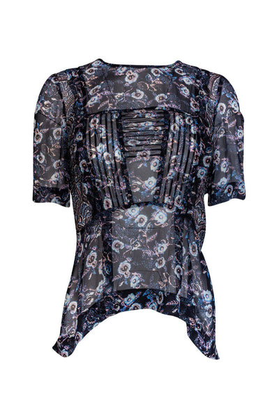 Current Boutique-Veronica Beard - Navy Sheer Silk Top w/ Floral Print Sz 4