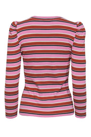 Current Boutique-Veronica Beard - Pink, Brown, Black & White Striped Puff Sleeve Knit Top Sz XS