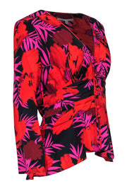 Current Boutique-Veronica Beard - Red & Black Floral V-Neck Faux Button Front Top w/ Pleats Sz 12