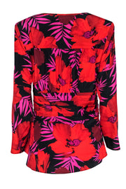 Current Boutique-Veronica Beard - Red & Black Floral V-Neck Faux Button Front Top w/ Pleats Sz 12
