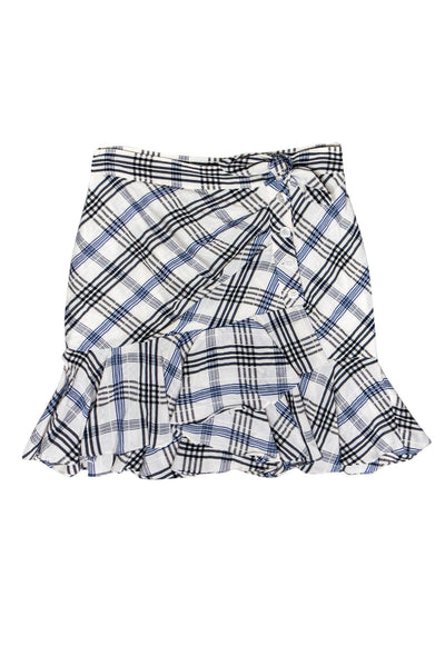 Current Boutique-Veronica Beard - White, Black & Blue Plaid Ruffle Miniskirt Sz 0