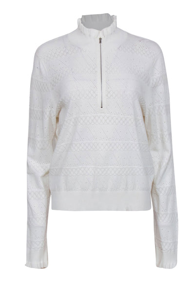 Current Boutique-Veronica Beard - White Pointelle Ruffled Quarter Zip Sweater Sz XL