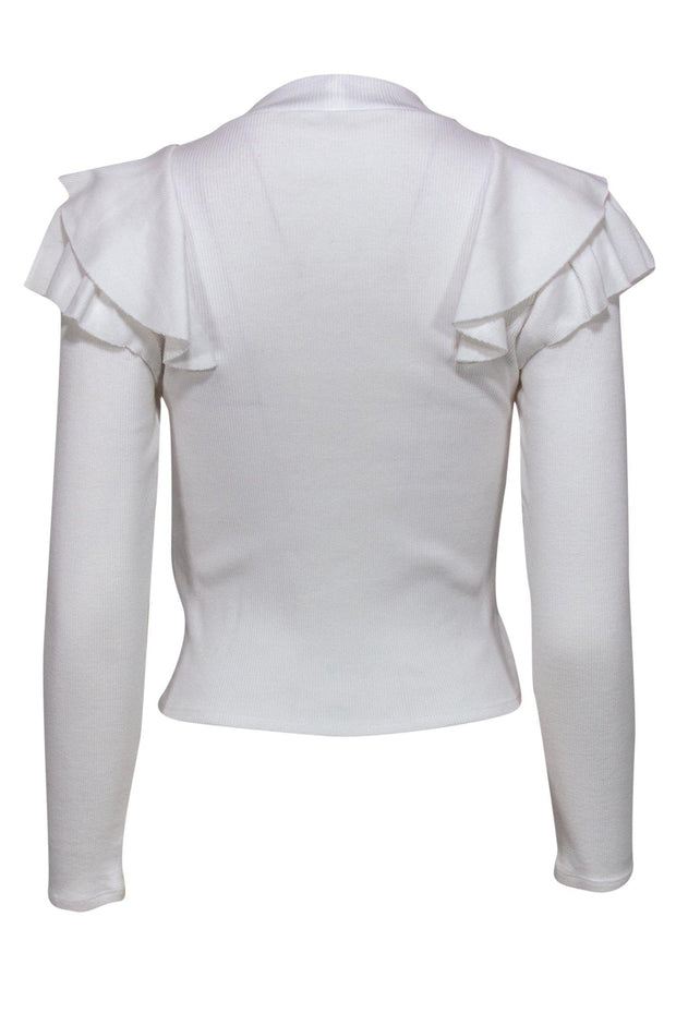 Current Boutique-Veronica Beard - White Ribbed Mock Neck Top w/ Ruffles Sz XS