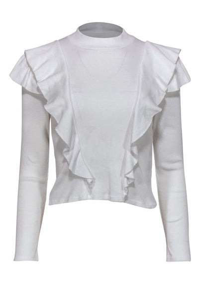 Current Boutique-Veronica Beard - White Ribbed Mock Neck Top w/ Ruffles Sz XS