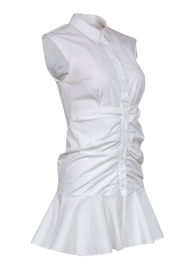 Current Boutique-Veronica Beard - White Ruched Button-Up Shirt-Style Sheath Dress w/ Flounce Hem Sz 0