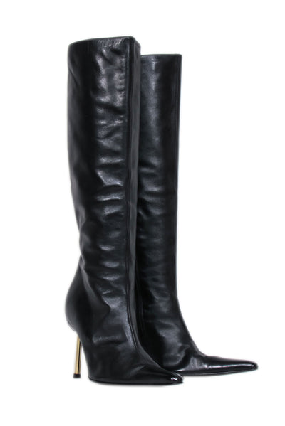 Current Boutique-Versace – Black Leather Boots w/ Gold Stiletto Heel Sz 8