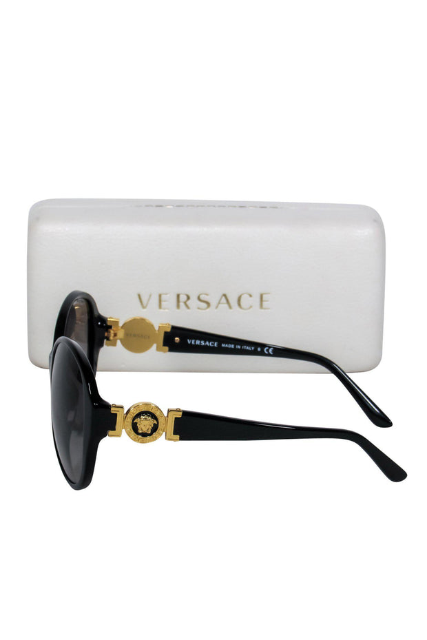 Current Boutique-Versace - Black Oversized Round Sunglasses w/ Gold Logo