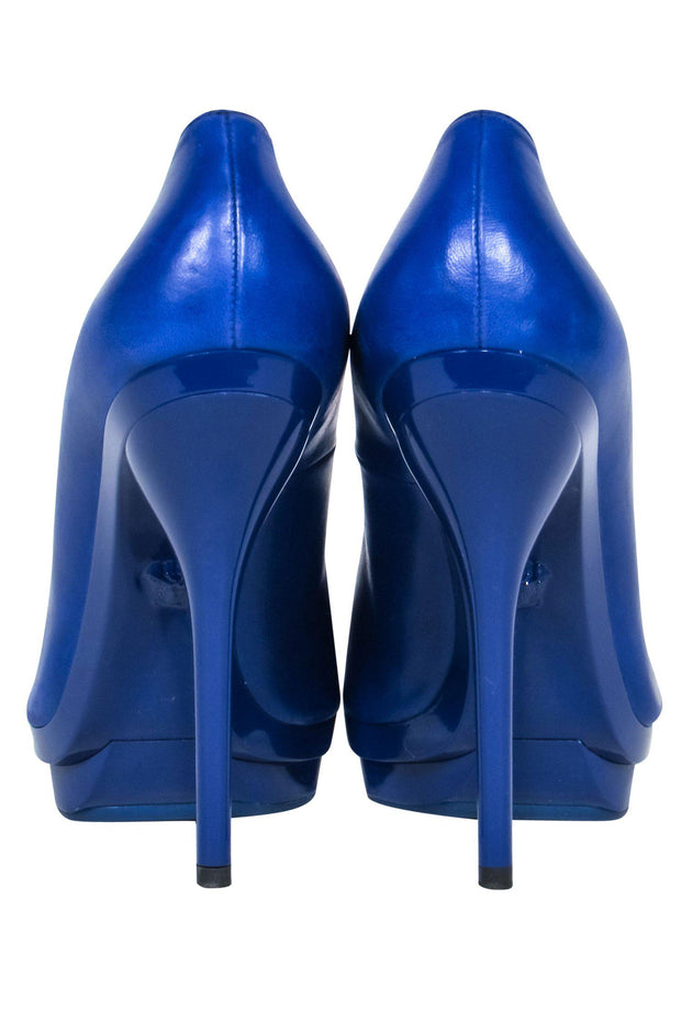 Current Boutique-Versace - Cobalt Blue Leather Pointed Toe Platform Stilettos Sz 8