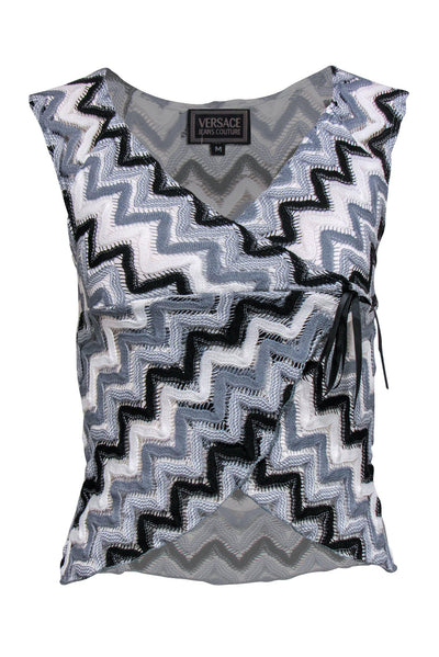 Current Boutique-Versace - Grey, Black & White Chevron Woven Wrap Top Sz M