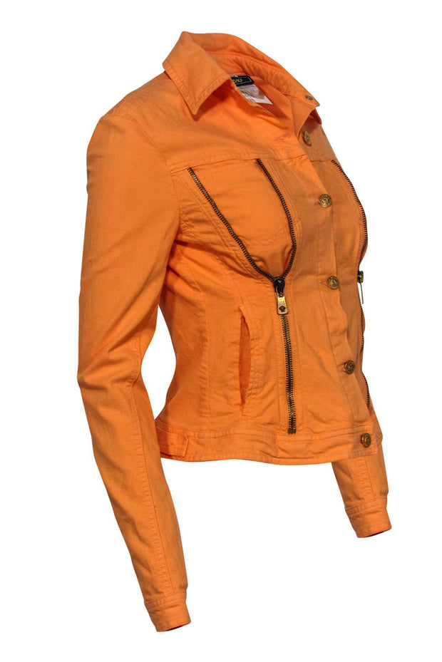Current Boutique-Versace Jeans Couture - Orange Denim Button-Up Jacket w/ Zipper Detail Sz S