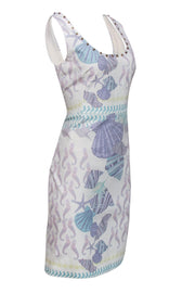Current Boutique-Versace - White Sheath Dress w/ Pastel Seashell & Seahorse Print Sz 12