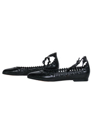 Current Boutique-Via Spiga - Black Leather Pointed Toe Ankle Wrap Flats w/ Laser Cut Trim