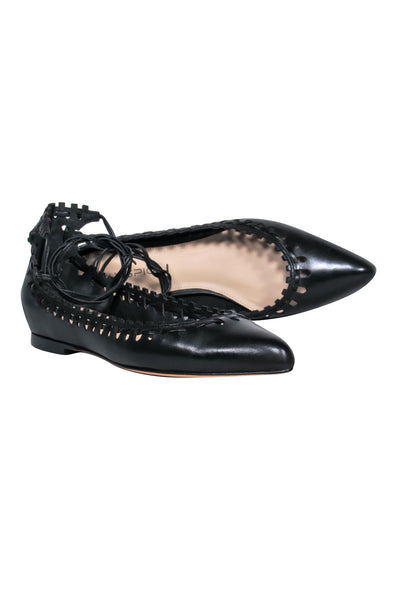 Current Boutique-Via Spiga - Black Leather Pointed Toe Ankle Wrap Flats w/ Laser Cut Trim