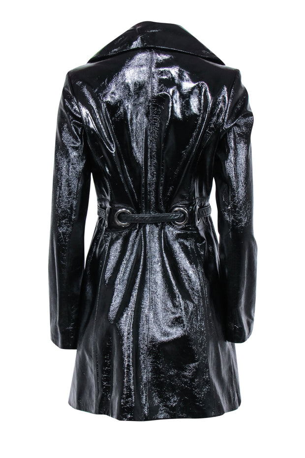 Current Boutique-Via Spiga - Black Patent Leather Snap-Up Belted Trench Coat Sz S