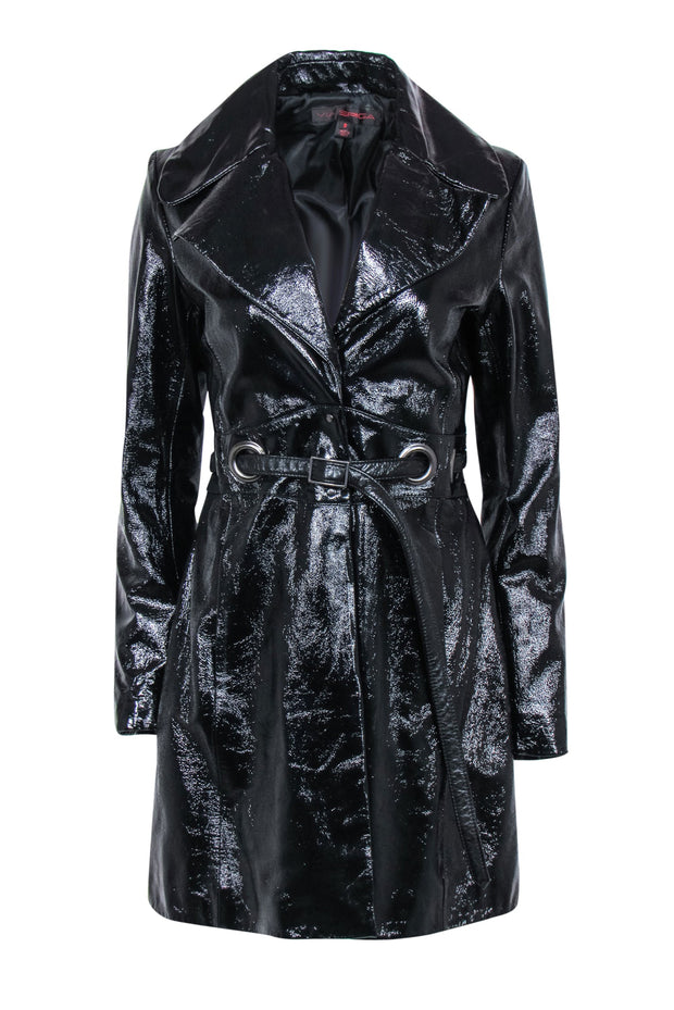 Current Boutique-Via Spiga - Black Patent Leather Snap-Up Belted Trench Coat Sz S