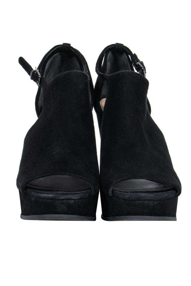 Current Boutique-Via Spiga - Black Suede Peep Toe Platform Wedges Sz 6.5