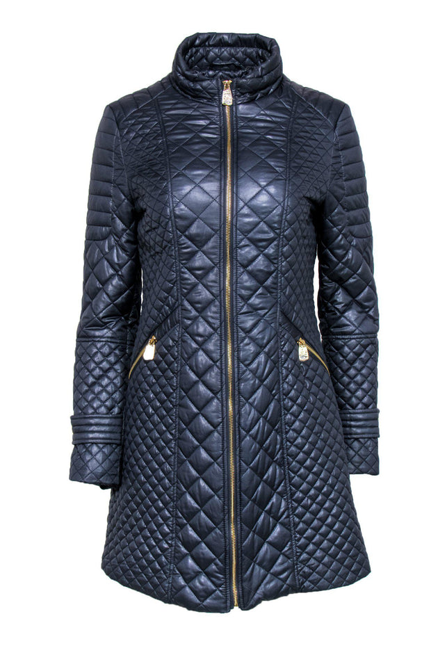 Current Boutique-Via Spiga - Navy Quilted Longline Coat w/ Gold-Toned Hardware Sz S
