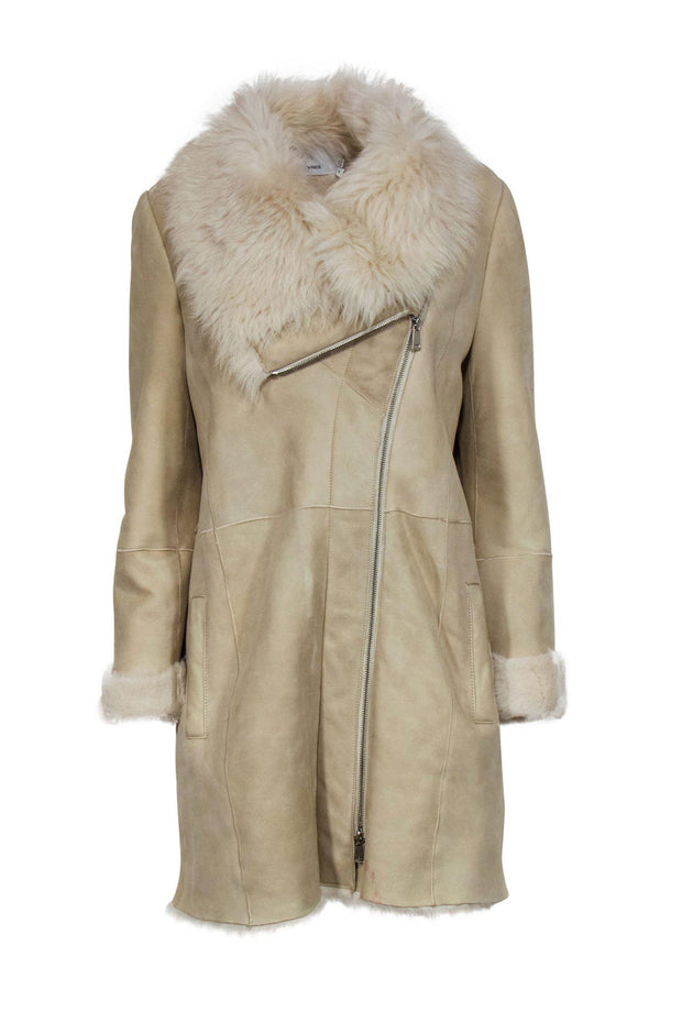 Current Boutique-Vince - Beige Longline Shearling Zip-Up Jacket Sz M