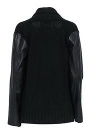 Current Boutique-Vince - Black Knit Open Wool Blend Cardigan w/ Leather Sleeves Sz M