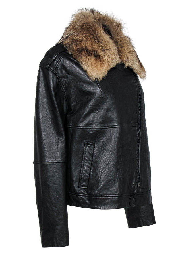 Current Boutique-Vince - Black Leather Zip-Up Jacket w/ Coyote Fur Collar Sz XL