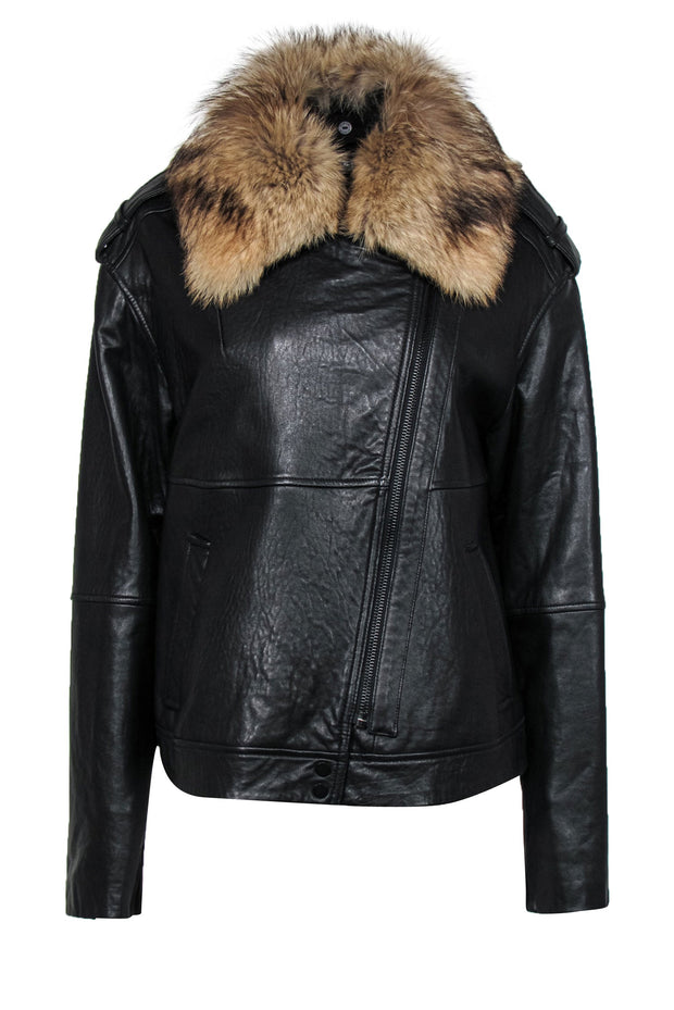 Current Boutique-Vince - Black Leather Zip-Up Jacket w/ Coyote Fur Collar Sz XL