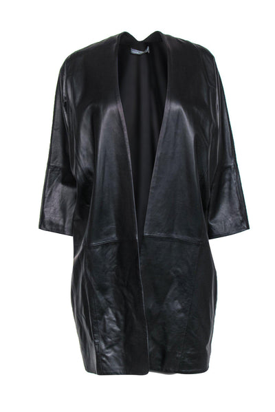 Current Boutique-Vince - Black Smooth Leather Kimono-Style Longline Jacket Sz S