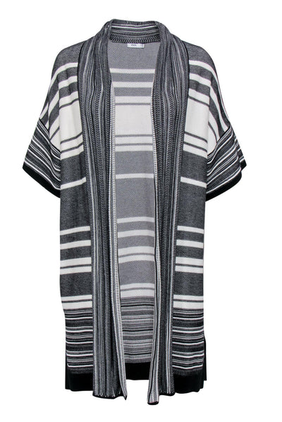 Current Boutique-Vince - Black & White Striped Short Sleeve Open Front Longline Cardigan Sz S