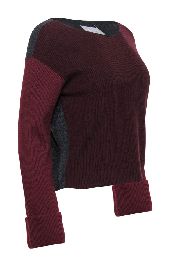 Current Boutique-Vince - Burgundy, Maroon & Charcoal Colorblocked Ribbed Cashmere Sweater Sz S
