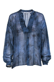 Current Boutique-Vince - Navy & Black Watercolor Print Long Sleeve Silk Blouse Sz S