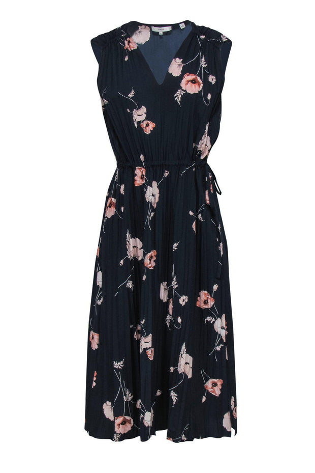 Current Boutique-Vince - Navy Floral Print Pleated Sleeveless Midi Dress Sz M