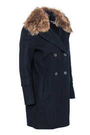 Current Boutique-Vince - Navy Wool Trench Coat w/ Cayote Fur Collar Sz S