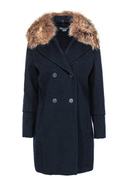 Current Boutique-Vince - Navy Wool Trench Coat w/ Cayote Fur Collar Sz S