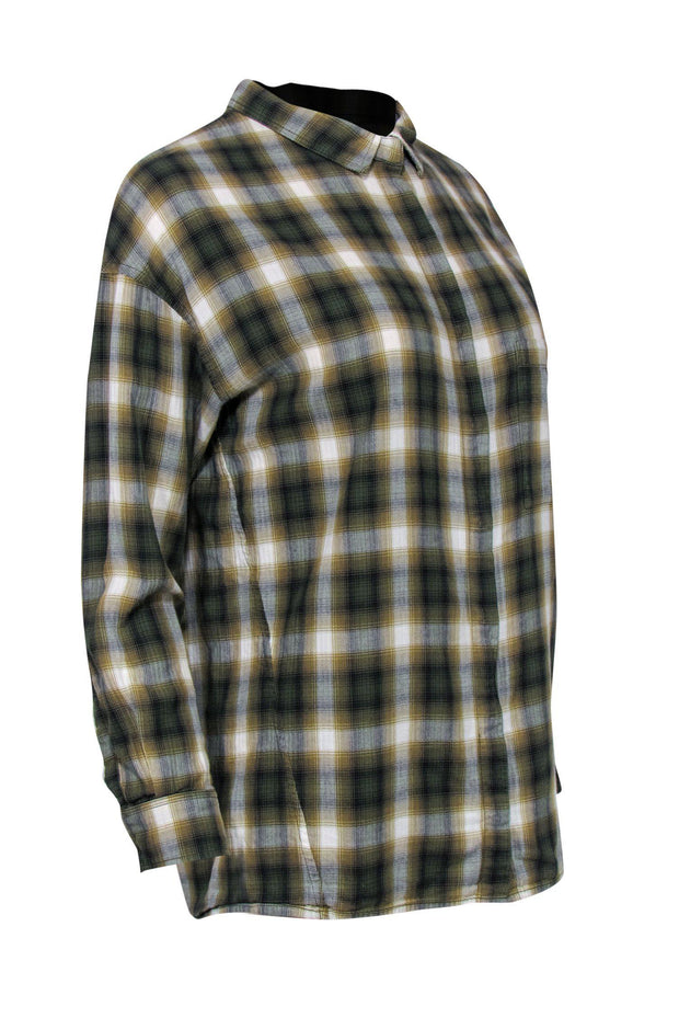 Current Boutique-Vince - Olive, White & Black Plaid Button-Up Long Sleeve Flannel Sz S