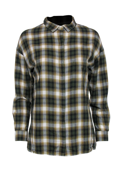 Current Boutique-Vince - Olive, White & Black Plaid Button-Up Long Sleeve Flannel Sz S