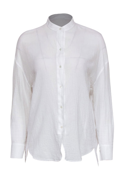Current Boutique-Vince - White Textured Long Sleeve Button-Up Cotton Blouse Sz S