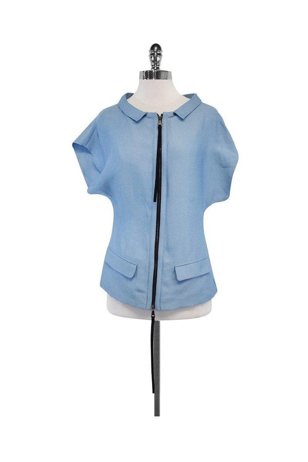 Current Boutique-Vionnet Paris - Light Blue Front Zip Short Sleeve Shirt Sz 4