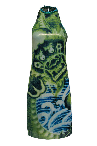 Current Boutique-Vivienne Tam - Green & Blue Dragon Print Dress w/ Beaded Halter Neckline Sz S