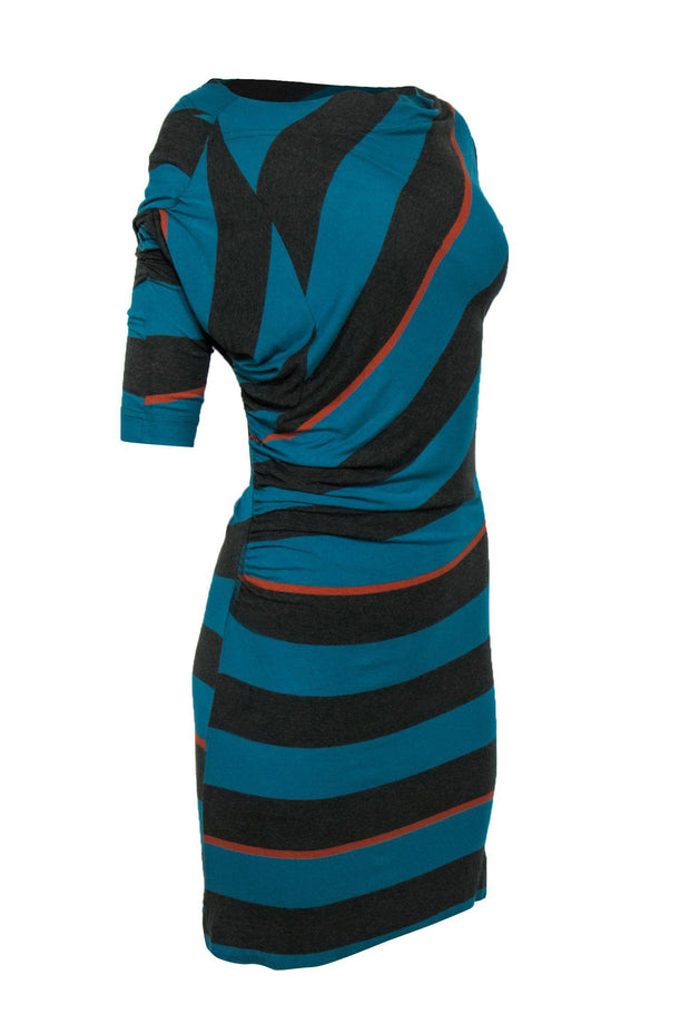 Current Boutique-Vivienne Westwood - Teal & Gray Striped Ruched Dress Sz L