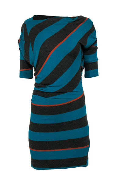 Current Boutique-Vivienne Westwood - Teal & Gray Striped Ruched Dress Sz L