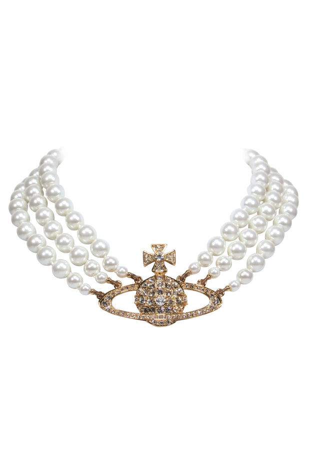 Current Boutique-Vivienne Westwood - Three Strand Faux Pearl Choker Necklace w/ Jeweled Gold Logo