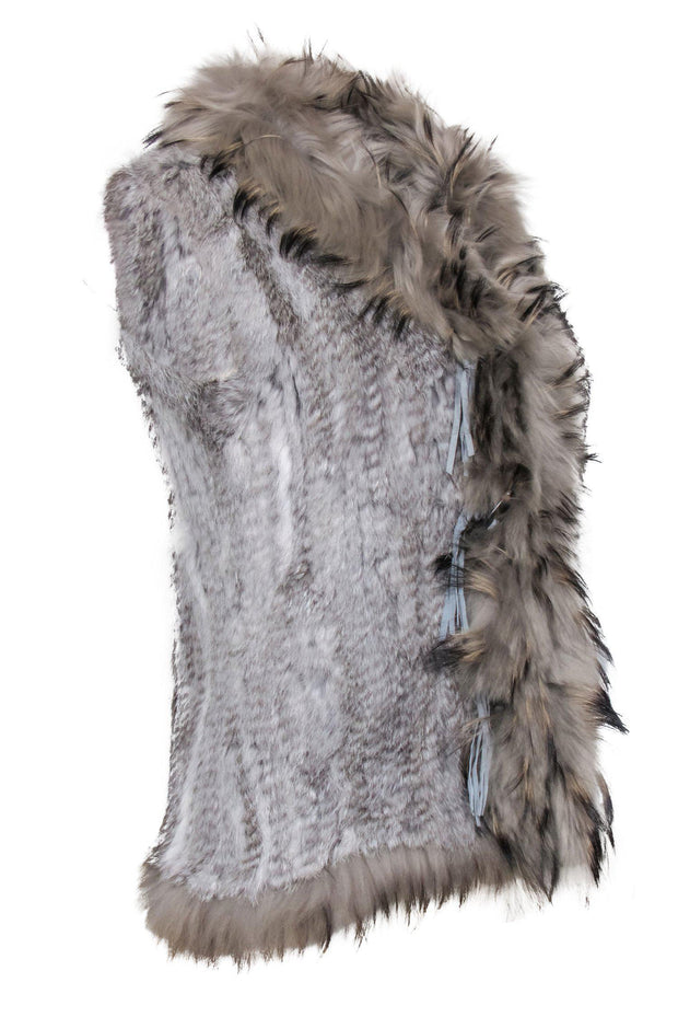 Current Boutique-Volare - Grey Clasped Fur Vest w/ Fringe Trim Sz M