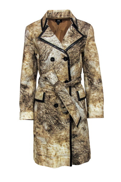 Current Boutique-W by Worth - Brown Fur Print Trench Coat w/ Leather Trim Sz M