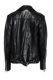 Current Boutique-Walter Baker - Black Leather Zip-Up Moto-Style Jacket w/ Sleeve Text Graphic Sz L