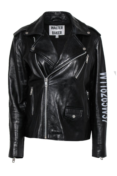 Current Boutique-Walter Baker - Black Leather Zip-Up Moto-Style Jacket w/ Sleeve Text Graphic Sz L