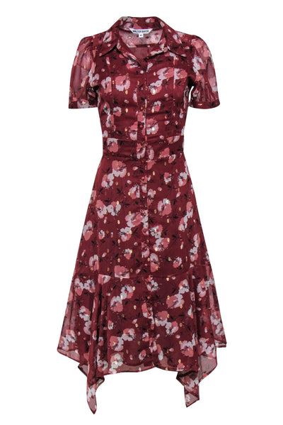 Current Boutique-Walter Baker - Brick Red Floral Button Front Midi Dress w/ Ruffle Sz XS