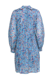 Current Boutique-Warm - Blue Floral Print Long Sleeve Pleated Shift Dress Sz 0