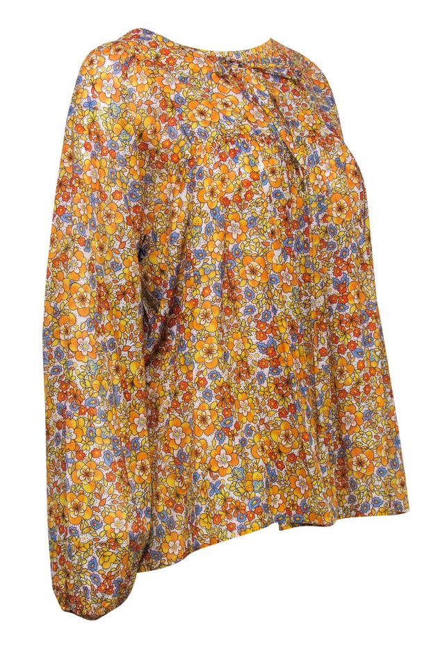 Current Boutique-Warm - Orange & Mustard Floral Print Long Sleeve Blouse Sz L