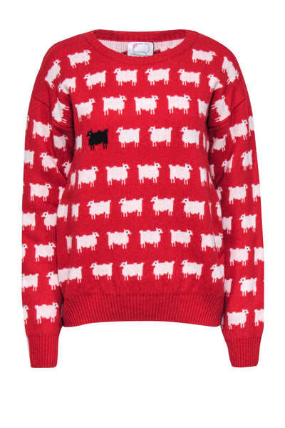 Current Boutique-Warm & Wonderful - Red Sheep Print Wool Princess Diana Sweater Sz L