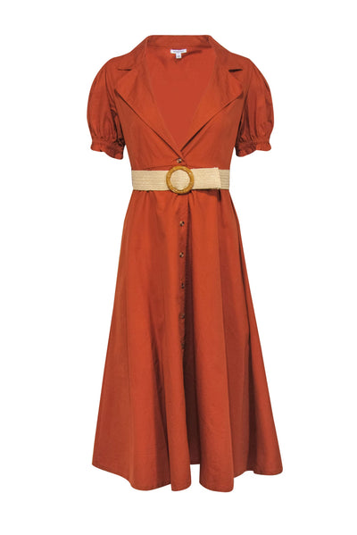 Current Boutique-WeWoreWhat - Burnt Orange Puff Sleeve Belted "Bella" Midi Dress Sz L